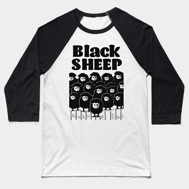 Black Sheep || Vector Art Cute Sheep Baseball T-Shirt by Mad Swell Designs